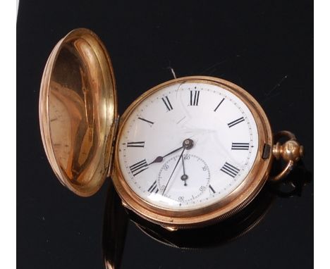 A gents 14ct gold full hunter pocket watch, having engine turned cover, white enamel dial with subsidiary seconds dial, and k