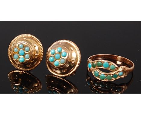 A 9ct gold and turquoise set dress ring, size L; together with a pair of 9ct gold and turquoise set ear studs, 1.4cm, 3g (2) 