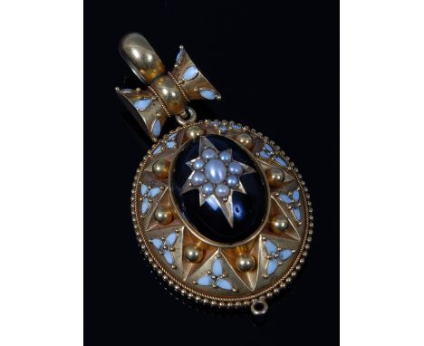 A 19th century 18ct gold, black and white enamel and seed pearl set pendant, of convex oval form and on ribbon bale, gross we