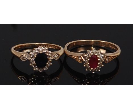 A 9ct gold, ruby and diamond point set cluster ring, 2.1g, size M; together with a similar sapphire and diamond point set exa