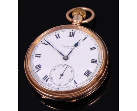 A J W Benson gents 9ct gold cased open faced pocket watch, having signed white enamel dial, subsidiary seconds dial, Swiss ma