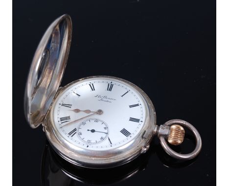 A J W Benson gents silver cased half hunter pocket watch, in original fitted leather case, the watch having signed white enam