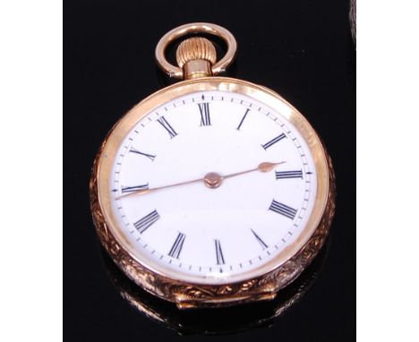 A continental 14ct gold cased open faced fob watch, having an unsigned white enamel dial, engraved back cover stamped 14k, go