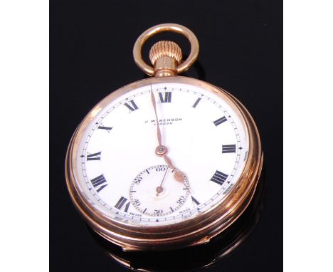 A J W Benson of London 9ct gold cased gents open faced pocket watch, having signed white enamel dial with subsidiary seconds 