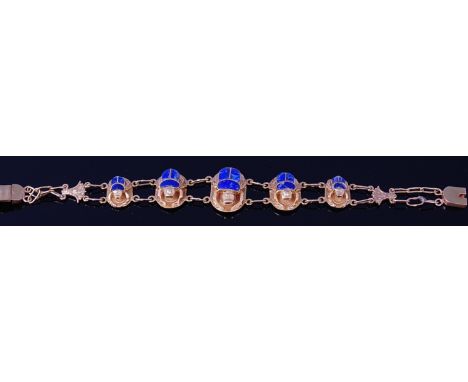 An Eastern yellow metal and enamel set bracelet, arranged as five graduated scarab beetles, tests as 18ct gold, 26.3g, 19cm