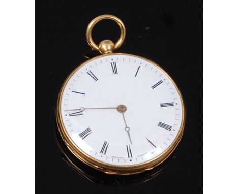 A Swiss 18ct gold cased gents open face pocket watch, having white enamel dial signed Moulinie Geneve, engine turned back cov