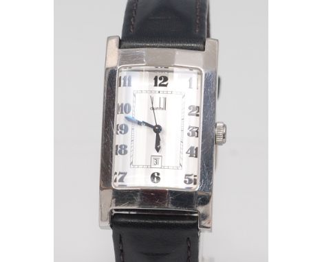 A gents Dunhill steel cased tank watch, having a signed white enamel dial with date aperture at 6 o'clock, quartz movement, b