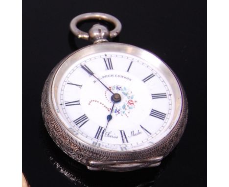 A continental silver cased open faced fob watch, the white enamel dial signed by the retailer H E Peck of London, having engr