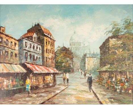 UNATTRIBUTED (TWENTIETH/ TWENTY FIRST CENTURY) OIL PAINTING ON CANVAS Parisian street scene with view of Sacre Coeur in the d