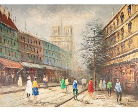 UNATTRIBUTED (TWENTIETH/ TWENTY FIRST CENTURY) OIL PAINTING ON CANVAS Parisian street scene with view of Notre Dame in the di