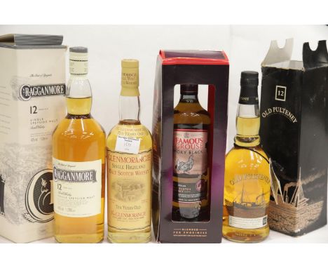 Four bottles of mixed scotch whisky: 12 year old Old Pulteney 70cl, 12 year old Cragganmore single Speyside malt 1lt, Famous 