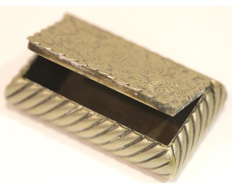 Silver plated rectangular snuff box, the hinged lid bearing monogram and chased decoration, 57 x 34 mm. P&amp;P Group 1 (£14+