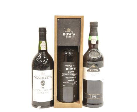 Three bottles of Vintage Port: 1987 Warres Quinta da Cavadinha 75cl, 1995 Dow's late bottled 75cl and 2004 Dow's Quinta do Bo