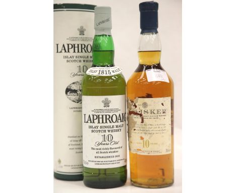 Bottle of 10 year old Talisker Single Isle of Skye malt scotch whisky 70cl and a bottle of 10 year old Laphroaig single Islay