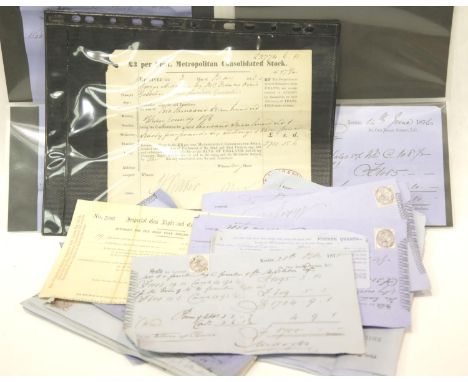 Admiral Thomas Le Marchant Gosselin and his heirs, approximately 40 stockbrokers advices and share purchase certificates. P&a
