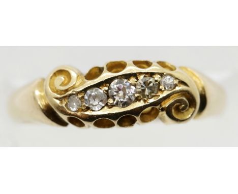 Antique 18ct gold ornate five stone diamond ring, size L, 3.2g. P&amp;P Group 1 (£14+VAT for the first lot and £1+VAT for sub