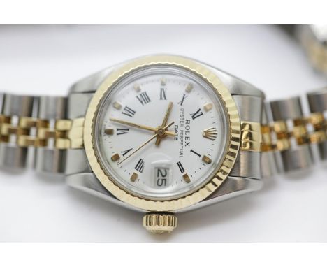 Rolex ladies Oyster Perpetual steel and gold cased wristwatch, mid 1970's model no. 6917, the white circular dial set with Ro