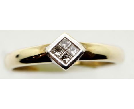 Ladies 9ct gold 1970s fancy four stone diamond ring, size Q, 2.6g. P&amp;P Group 1 (£14+VAT for the first lot and £1+VAT for 