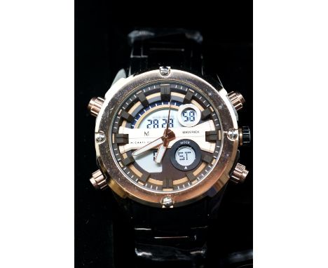 New boxed analogue and digital Michael Philippe gents wristwatch on a ceramic bracelet. P&amp;P Group 1 (£14+VAT for the firs