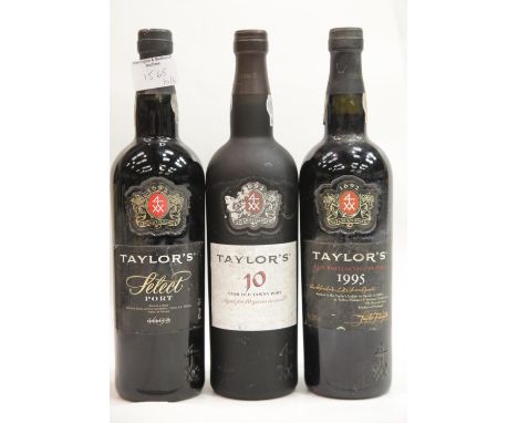 Three bottles of Taylor's Port: 10 year old Tawny Port 75cl, late bottled 1995 vintage 75cl, Taylor's Select 75cl. P&amp;P Gr