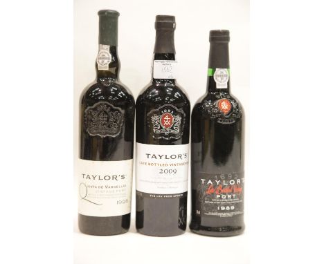 Three bottles of Taylor's vintage Port: late bottled 2009, late bottled 1989 and bottled 2000, all 75cl. P&amp;P Group 3 (£25