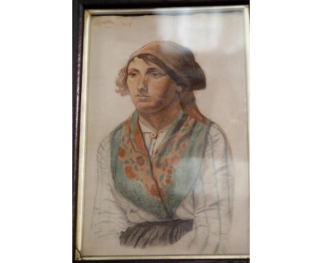 Watercolour portrait of a woman wearing a scarf signed H Powell, 53 x 38 cm. P&amp;P Group 3, will be sent without any glass 