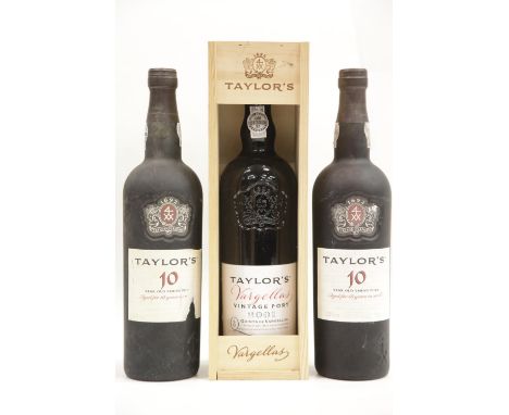 Three bottles of Taylor's Port: 2 x 10 year Tawny 75cl and Vargellas vintage 2001 in wood case 75cl. P&amp;P Group 3 (£25+VAT