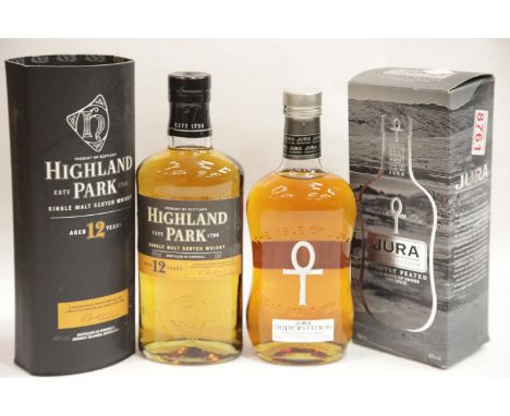 Bottle of Highland Park 12 year old scotch whisky in card carton 40% vol 70cl and a bottle of Jura Superstition in card carto