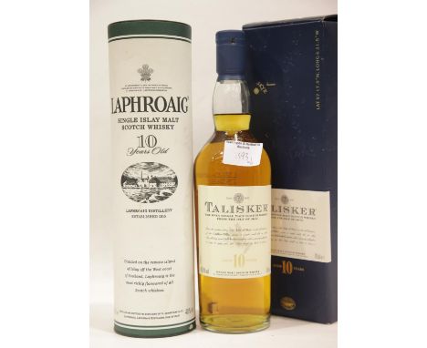 Bottle of 10 year old Talisker Single Isle of Skye malt scotch whisky 70cl and a bottle of 10 year old  Laphroaig single Isla