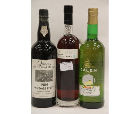 Three bottles of Port: Warres Otima 10 year old Tawny Port 50cl, 1984 vintage Port Quinta da Caralheira 75cl and Calem white 