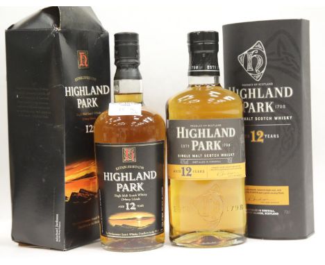 Two bottles of Highland Park 12 year old single malt scotch whisky both in card cartons 70cl. P&amp;P Group 2 (£18+VAT for th