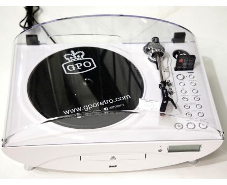 White GPO Jive Music Centre ? 3 speed turntable, CD/MP3/USB player, FM Radio with remote control. P&P Group 3 (£25+VAT for th