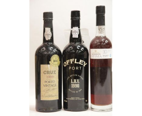 Three bottles of vintage Port: Warre's 10 year old Tawny 50ml, 1989 Cruz 75cl and 1990 Offley LBV 75cl. P&amp;P Group 3 (£25+