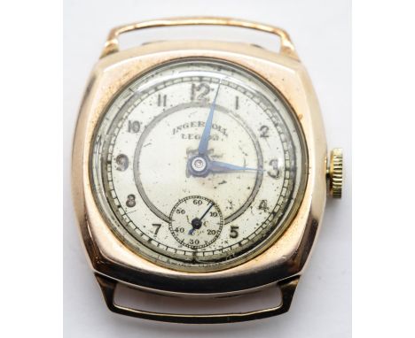 1950s 9ct yellow gold gents Ingersoll Legion wristwatch head, W: 27 mm. P&P Group 1 (£14+VAT for the first lot and £1+VAT for