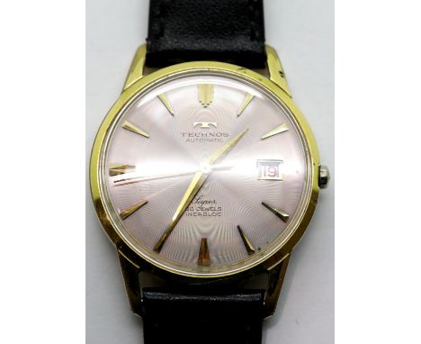 1970s Technos Automatic Super 30 jewel wristwatch with rare purple dial with concentric circles on a new leather strap and ne