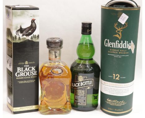 Bottle of Cardhu gold reserve 70cl, bottle of Black Bottle blended scotch whisky 70cl, Glenfiddich 12 year old 70cl and The B