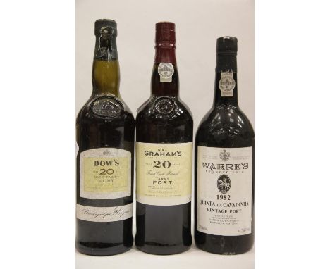 Three bottles of vintage Port: Warres 1982 vintage Quinta da Cavadinha 75cl, Dow's 20 year old Tawny Port 75cl, Graham's 20 y