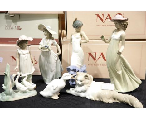 Seven pieces of Nao including cat, geese and figures. Various sizes with original boxes. P&amp;P Group 2 (£18+VAT for the fir