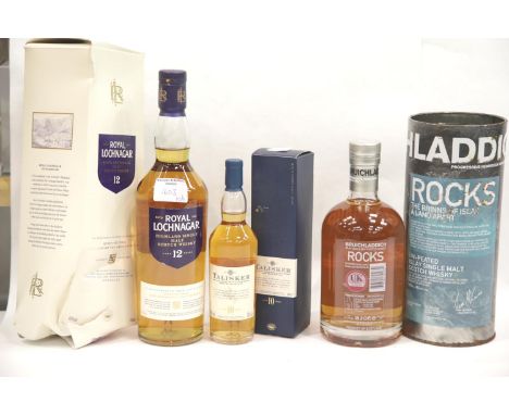 Bottle of 12 year old Lochnagar 70cl, Bruichladdich Rocks unpeated Islay single malt scotch whisky 70cl and half bottle of 10