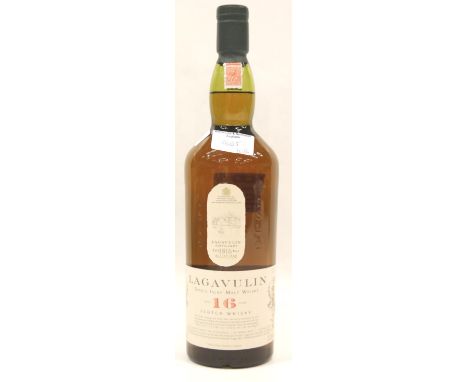 Bottle of 16 year old Lagavulin single Islay malt scotch whisky 43% vol 1lt. P&amp;P Group 2 (£18+VAT for the first lot and £