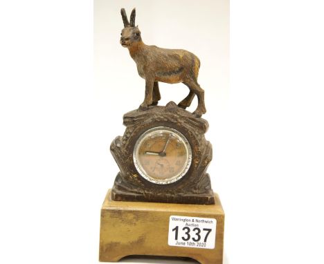 Antique Swiss musical clock with carved wood mountain goat, H :20 cm. P&P Group 2 (£18+VAT for the first lot and £2+VAT for s