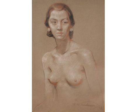 R R Tomlinson (1885-) - Gouache of a Nude Lady with Pearl Earings - signed and dated 1929 - 34 x 22cm Framed and Glazed