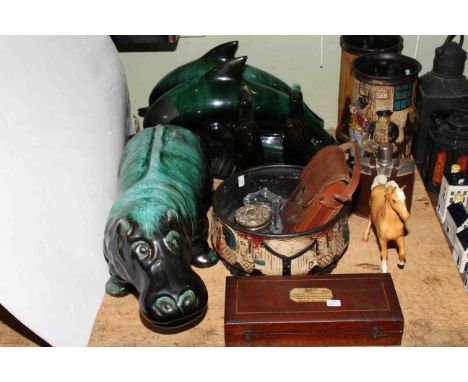 Pottery hippo, dolphins and horses, Sikes Hydrometer, camera, vases, flask etc.
