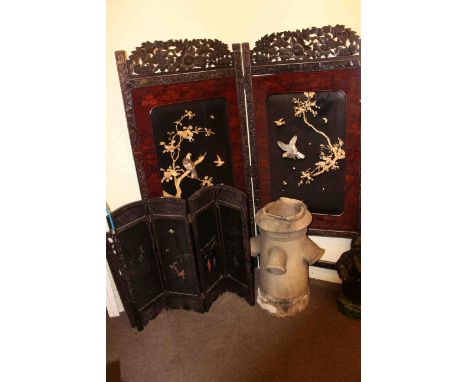 Two-fold Oriental vanity screen with applied decoration and four-fold Oriental screen (2)