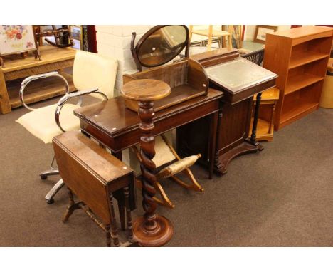 Reproduction Davenport, mahogany fold top tea table, oak Sutherland table, mahogany dressing mirror, book trough and gout sto