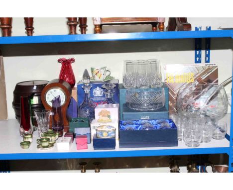 Inlaid balloon mantel clock, glassware including punch set, decanters, Spode cup and saucer etc.