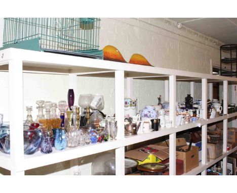 Full shelf of glassware, tea ware, various china, metal ware, ginger jars etc.