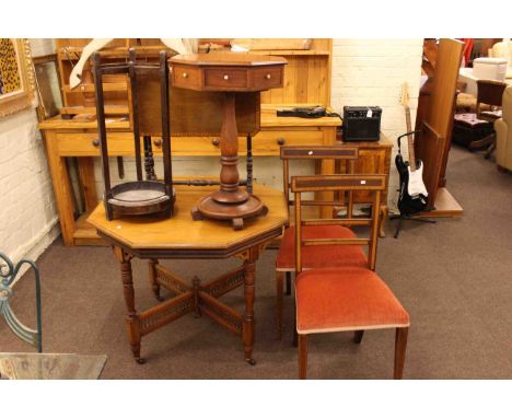 Walnut octagonal centre table, pair inlaid mahogany side chairs, inlaid mahogany Sutherland table, octagonal triform table an