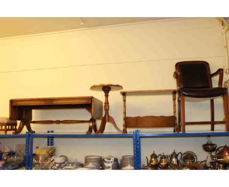 Studded hide elbow chair, Siesta mahogany magazine table, inlaid yew tripod table and mahogany sofa coffee table (4)