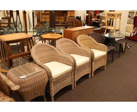 Set of three Cozy Bay conservatory chairs and lamp table, circular patio table and two chairs and plant stand (8)